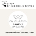 Load image into Gallery viewer, Happy Heavenly Birthday Edible Wafer Drink Toppers design featuring angel wings and personalized text for Grandad.
