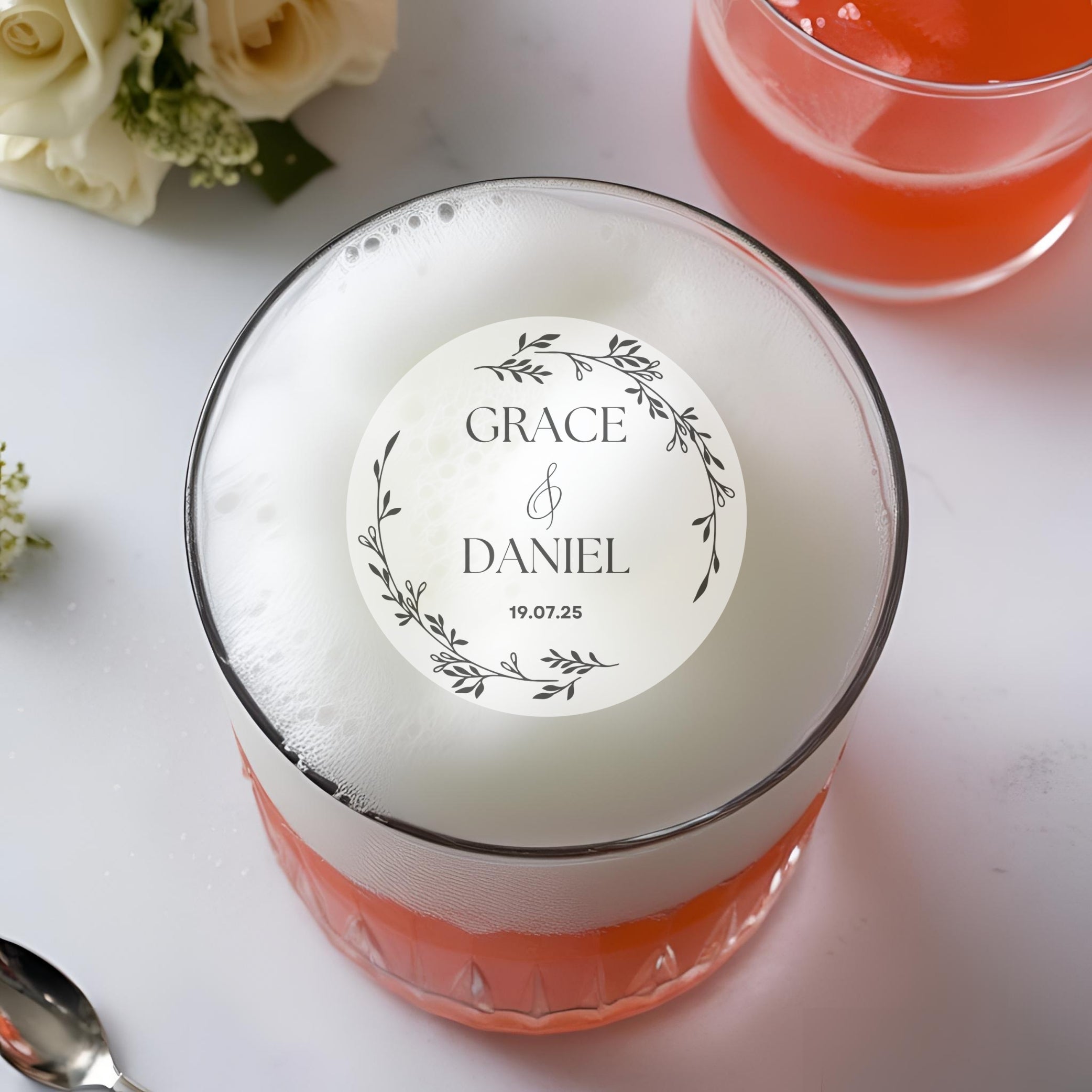 ‘ Leaf Personalised Names’ Wedding Edible Drink Toppers