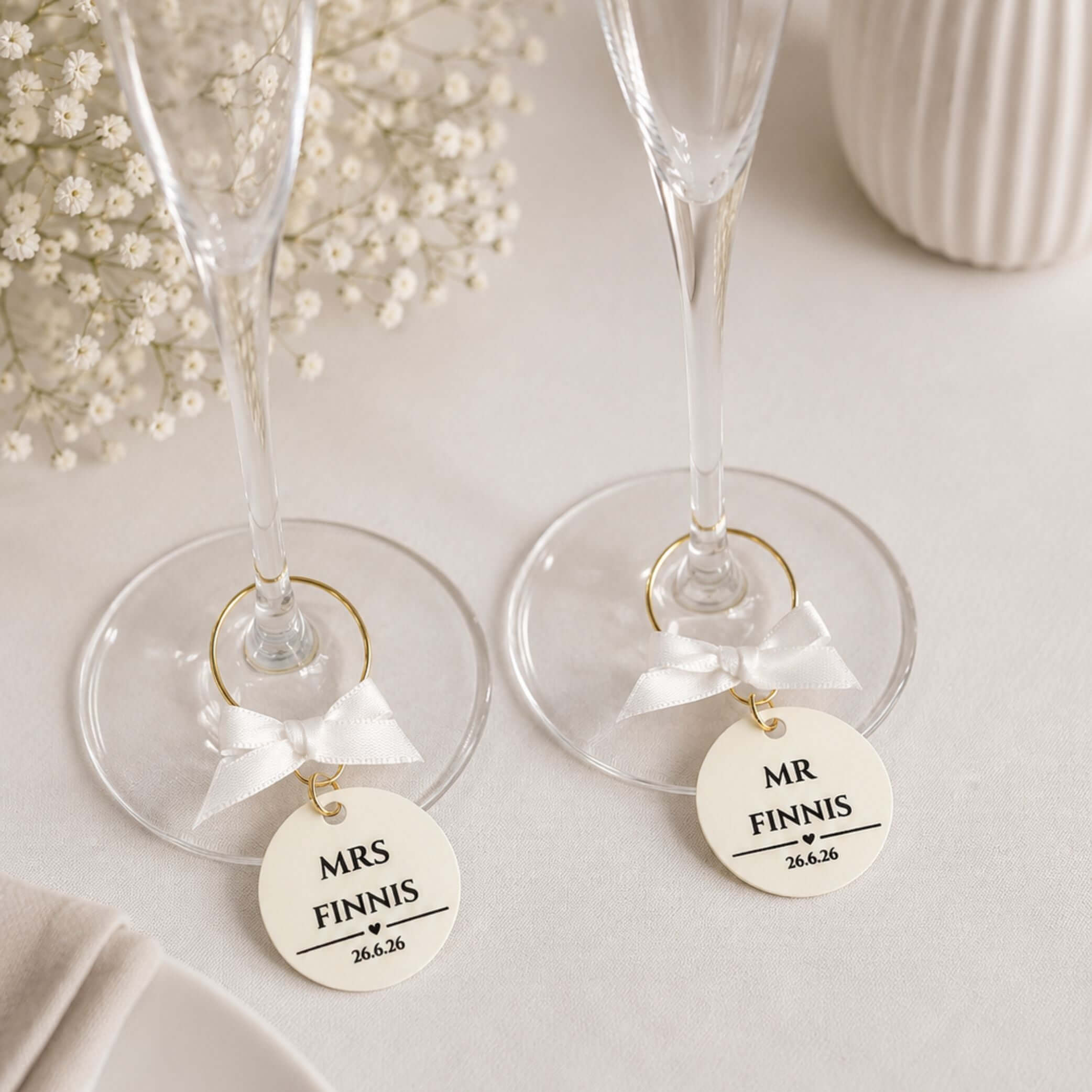 Mr & Mrs Personalised Bride & Groom Wine Glass Charm Set featuring custom charms for the couple's toast.