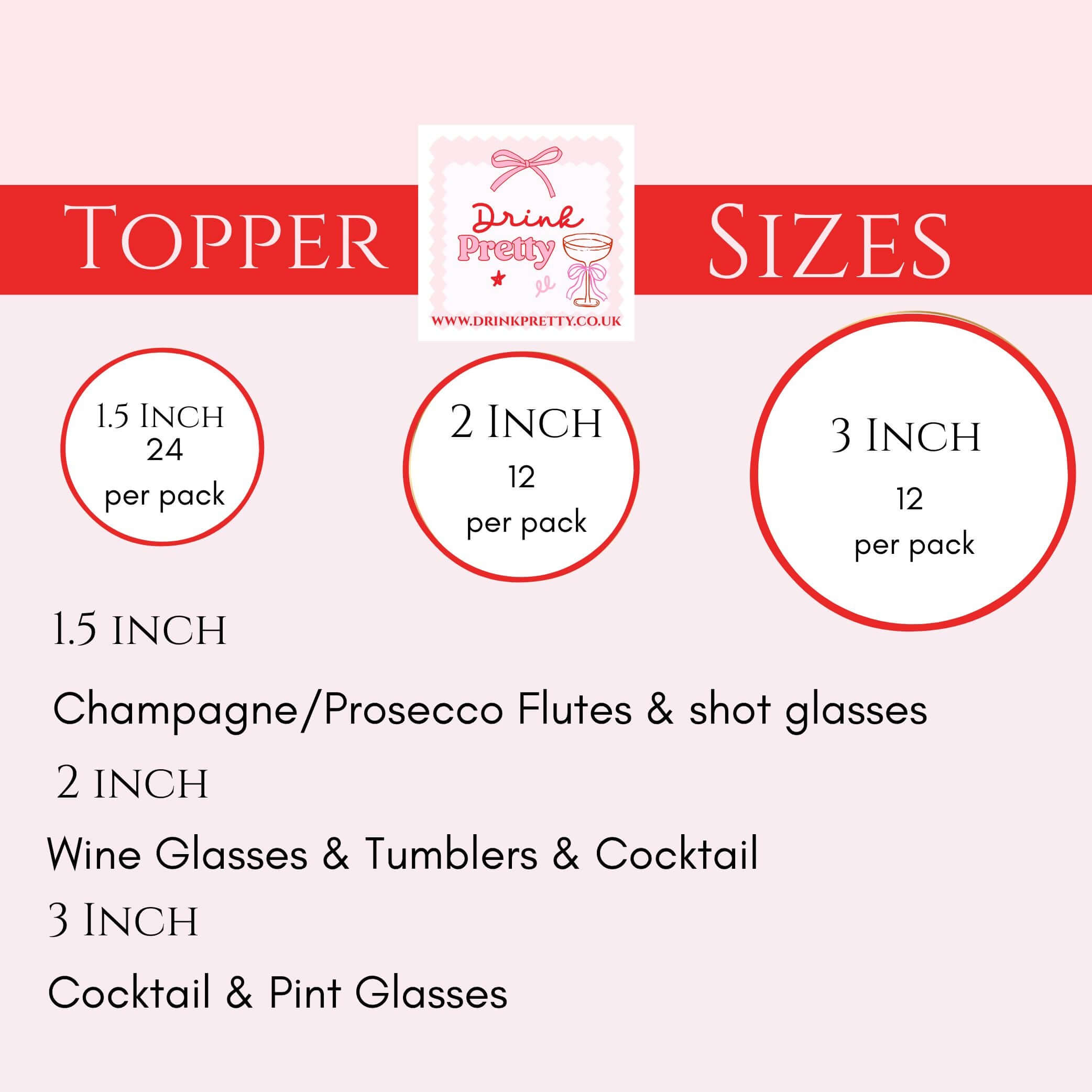 Topper sizes for edible drink toppers for hen parties disco ball, showing 1.5, 2, and 3 inch options.