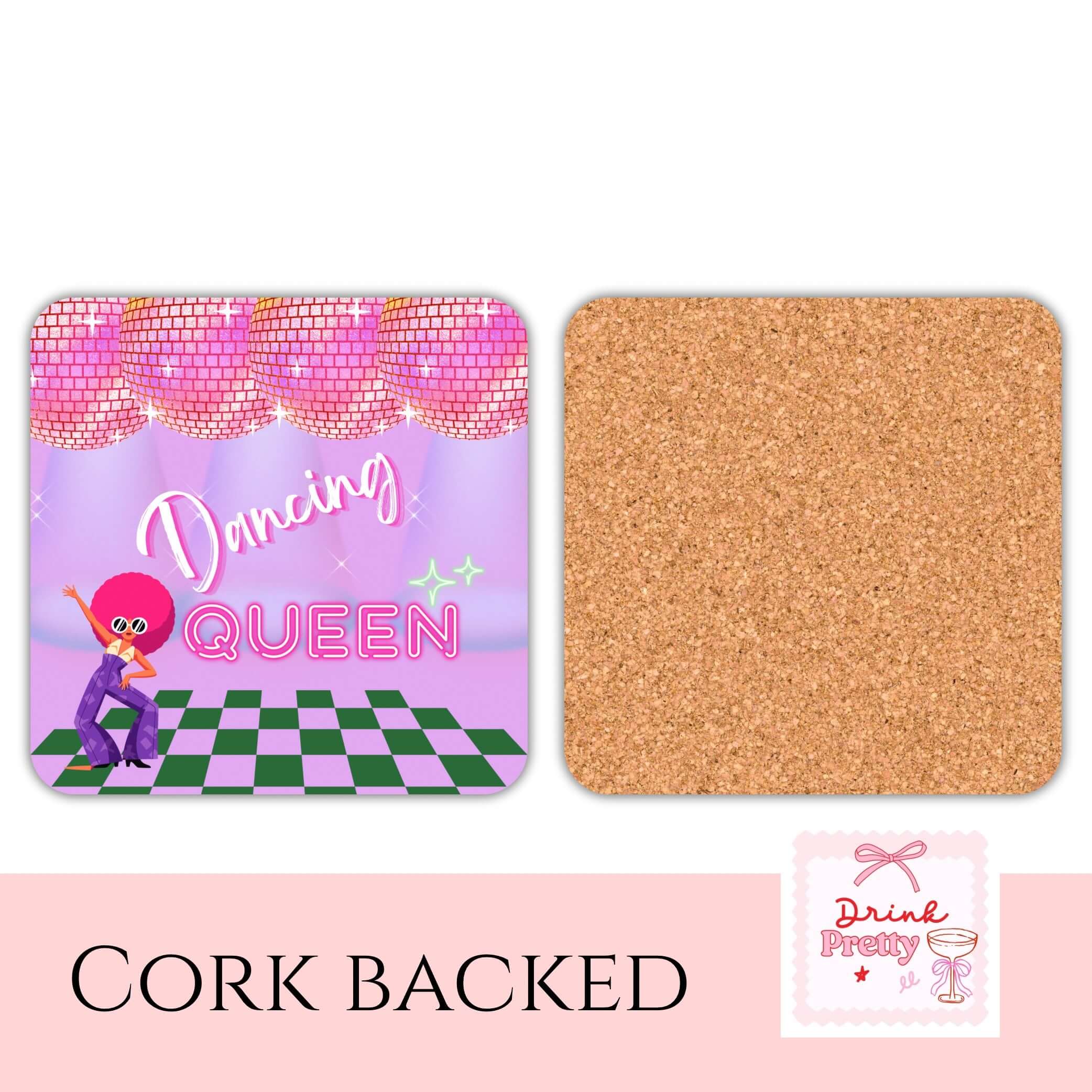 Dancing Queen drink coaster with vibrant design featuring disco theme and cork back for protection.