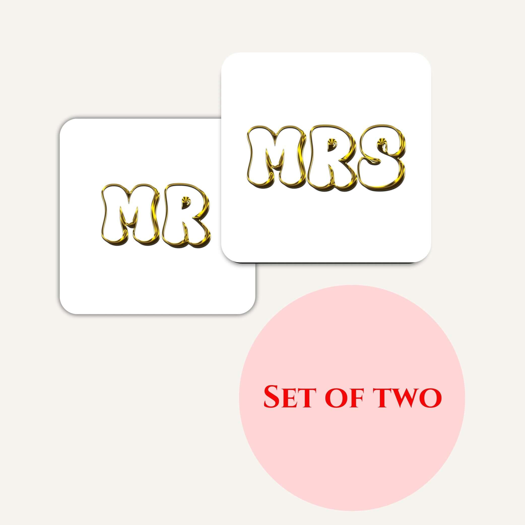 Luxury drink coasters set featuring gold typography 'MR' and 'MRS', perfect for newlyweds, set of two.