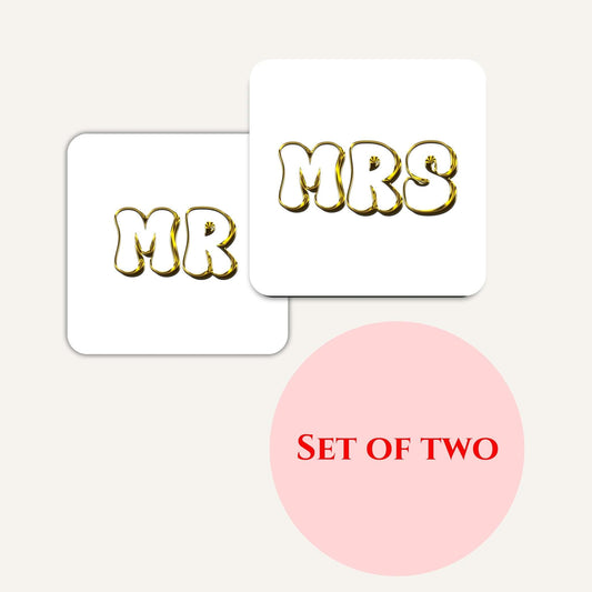 Luxury drink coasters set featuring gold typography 'MR' and 'MRS', perfect for newlyweds, set of two.