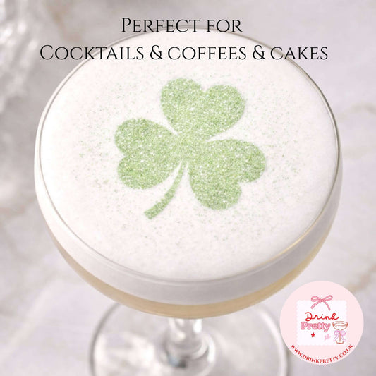 Reusable stencils Cocktail & Coffee SHAMROCK decoration on a cocktail with green glitter, perfect for parties.