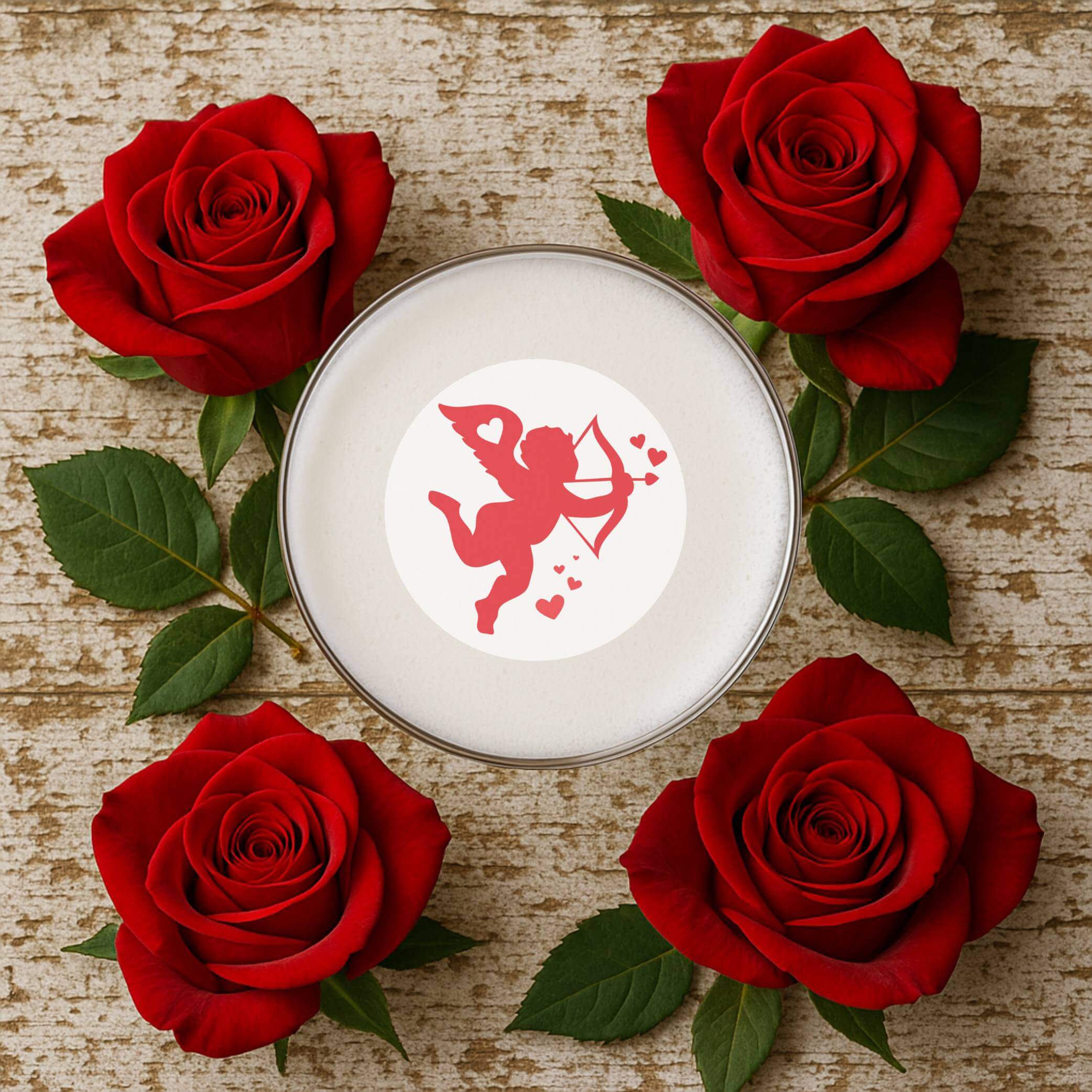 Valentine's drink toppers featuring a cupid design surrounded by red roses for stylish cocktails.