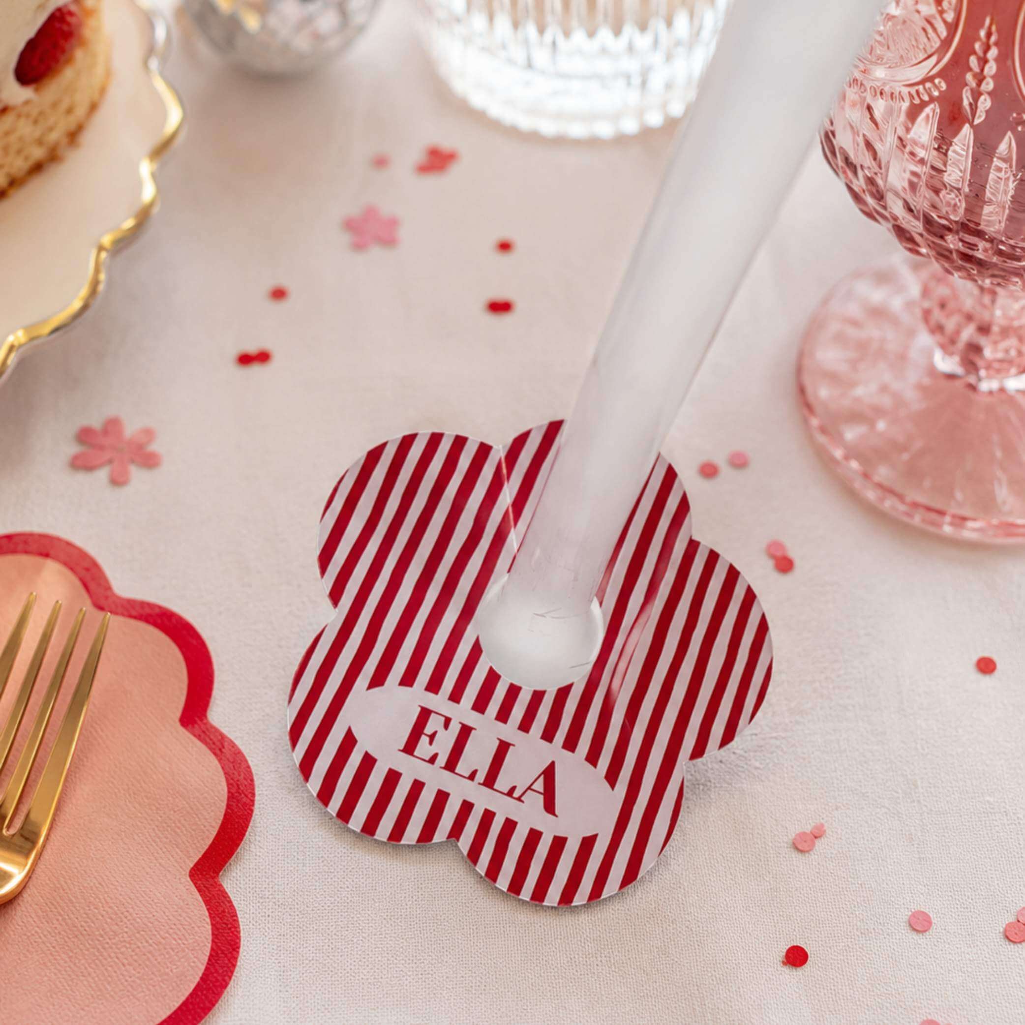 Red & white stripe personalised name drink marker with name 'ELLA' for party drinks.