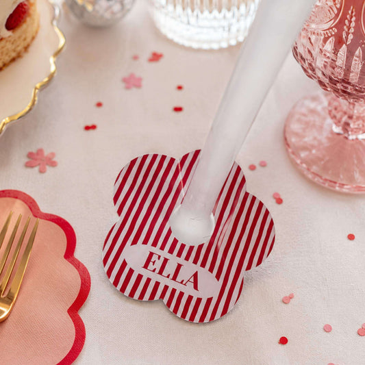 Red & white stripe personalised name drink marker with name 'ELLA' for party drinks.