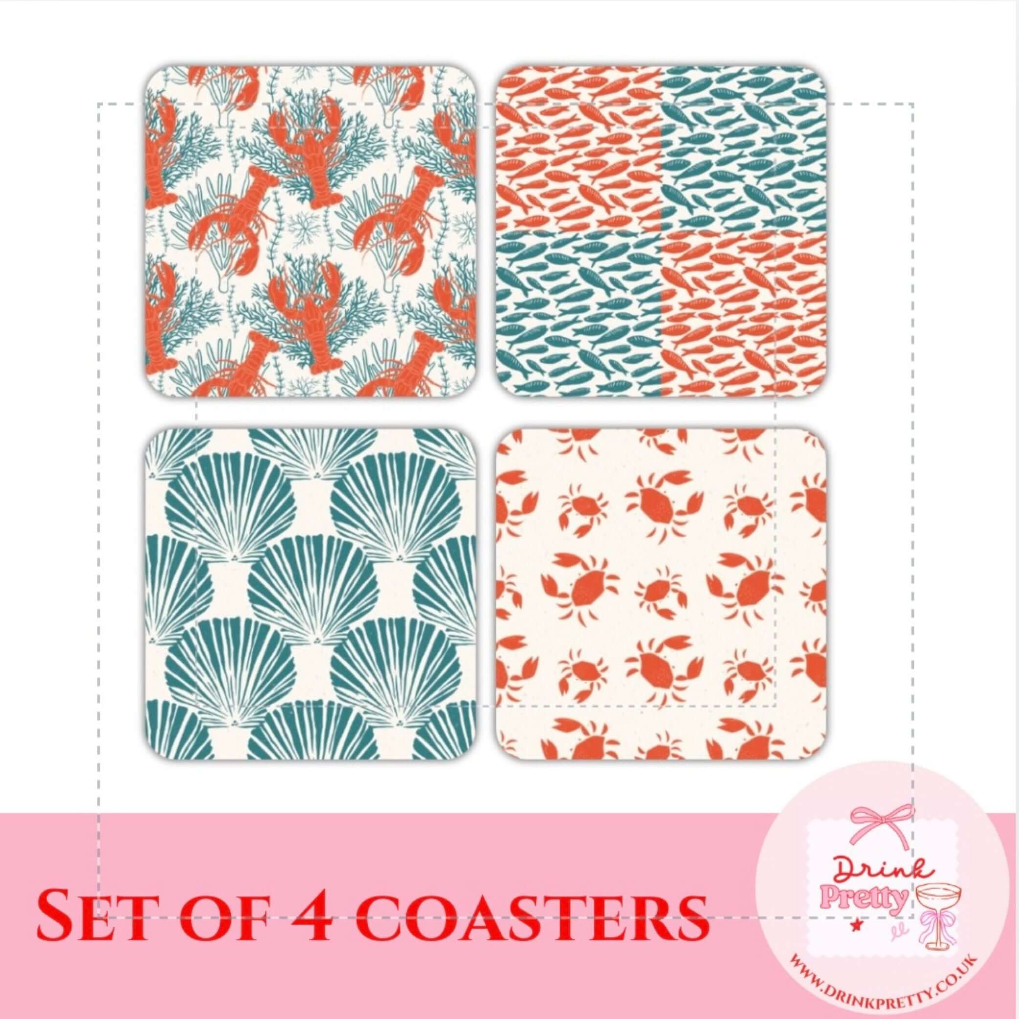 Salty Days - coastal drink coasters set of 4 featuring lobster, fish, shells, and crab designs.