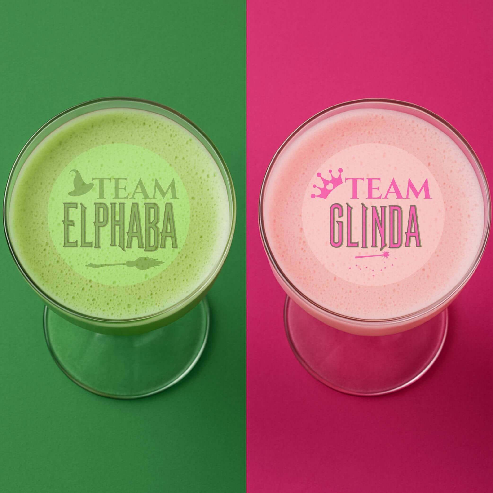 Edible drink toppers featuring Team Elphaba and Team Glinda on cocktails with green and pink backgrounds.
