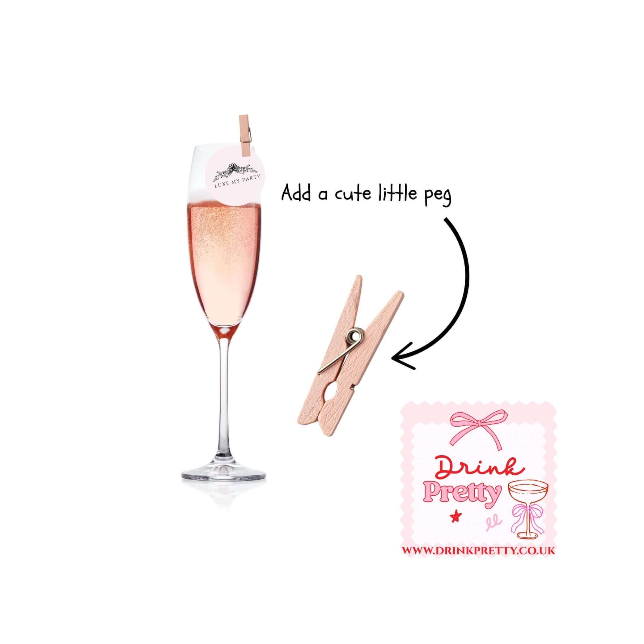 Sparkling drink with a personalized tag and a cute peg for decoration, perfect for special occasions.