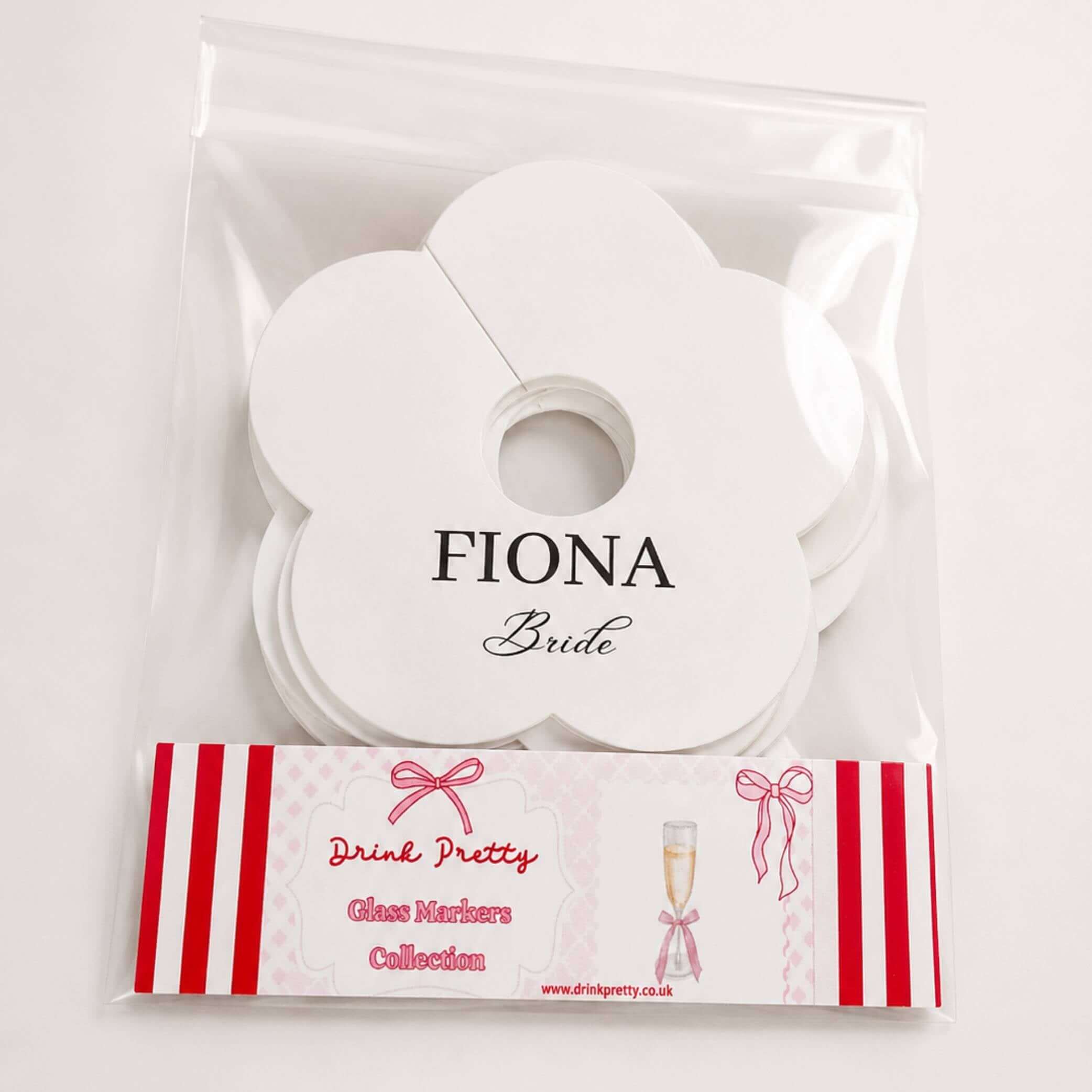 Wedding Attendees white personalised name drink marker in flower shape packaging with the name Fiona and 'Bride' designation.