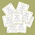 Load image into Gallery viewer, Personalised Save The Date coasters featuring daisy flower design for wedding announcement.
