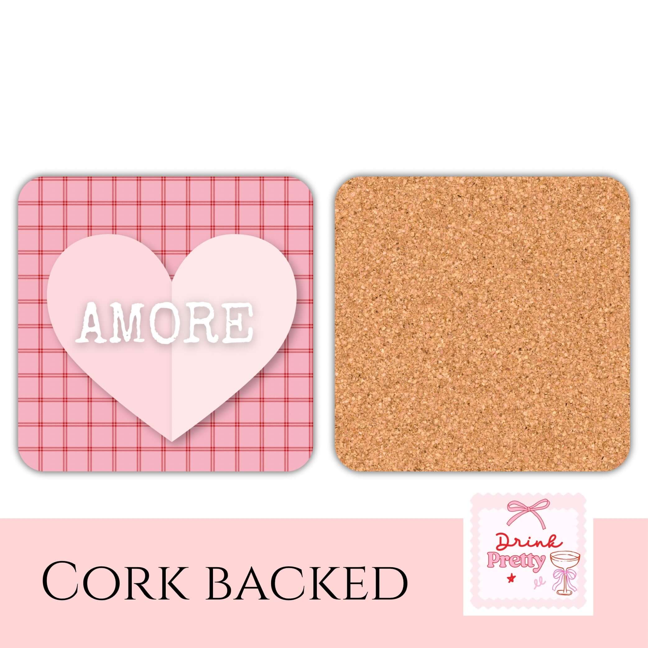 Pink heart coaster featuring a check pattern and embossed AMORE text, perfect for Valentine's Day.