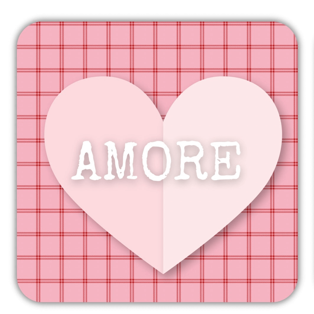 Pink heart coaster featuring the word Amore on a charming check pattern background.