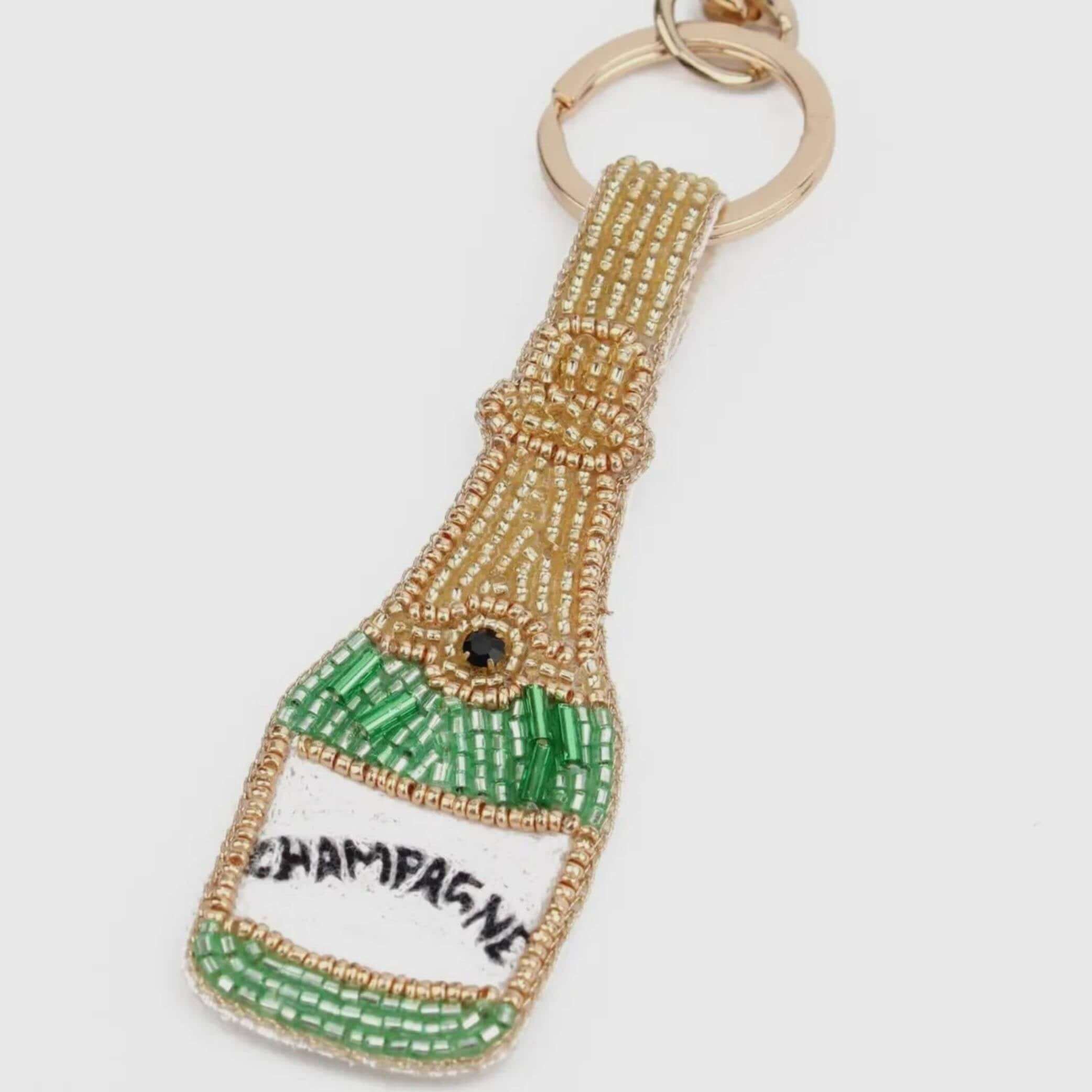 Champagne bottle keyring Bag charm with beaded design and sparkling gems