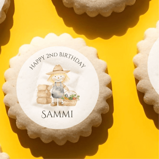 Edible cake toppers on the farm featuring a scarecrow design for Happy 2nd Birthday Sammi cookies.