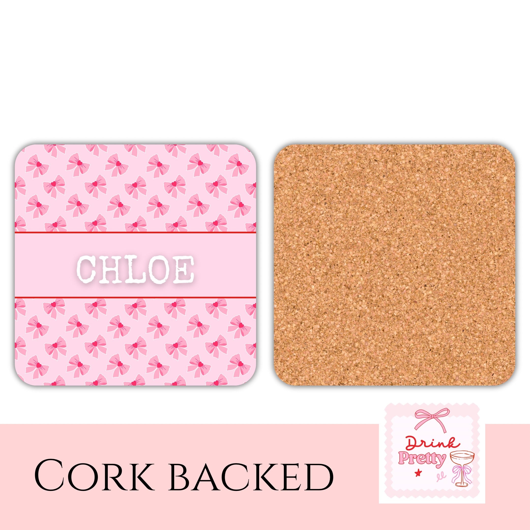 Personalised name coasters with bow design featuring the name Chloe and a cork back.