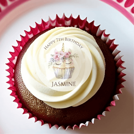 Unicorn and Cupcake Edible Wafer Cake Toppers on a chocolate cupcake decorated for a birthday celebration.