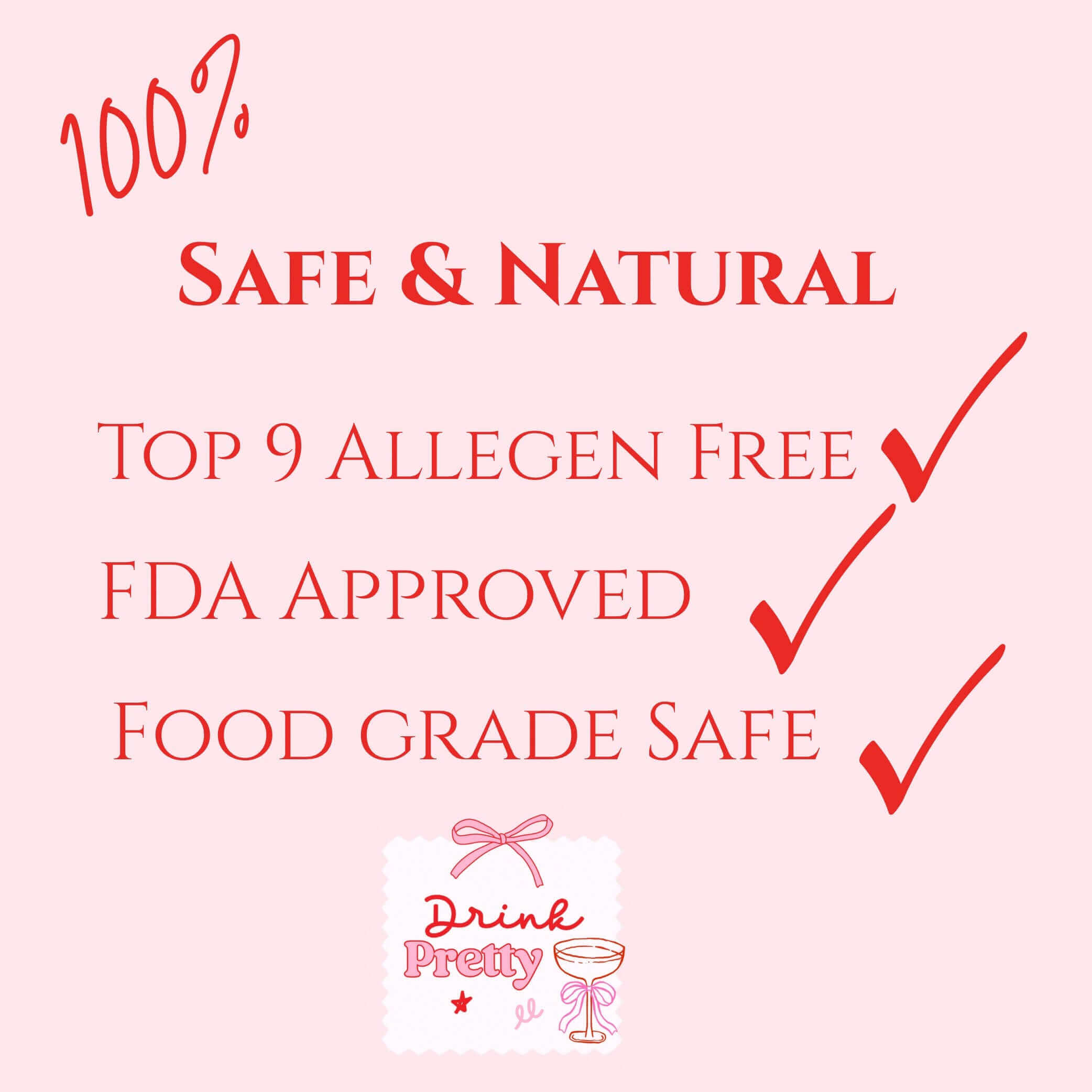 Infographic highlighting safety features: 100% safe and natural, allergen-free, FDA approved, food grade safe.