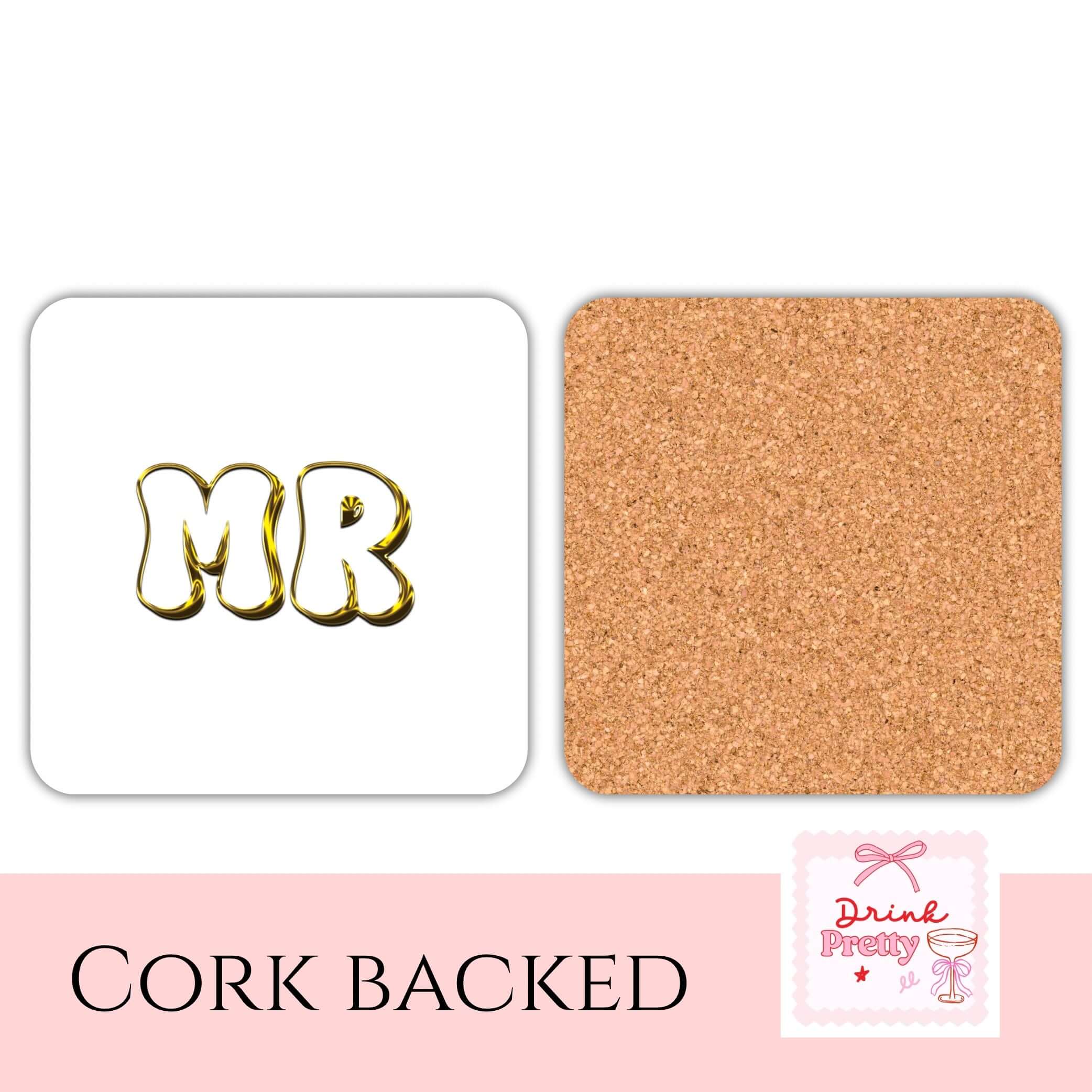 Luxury drink coasters set featuring MR design with cork backing for elegance and style.