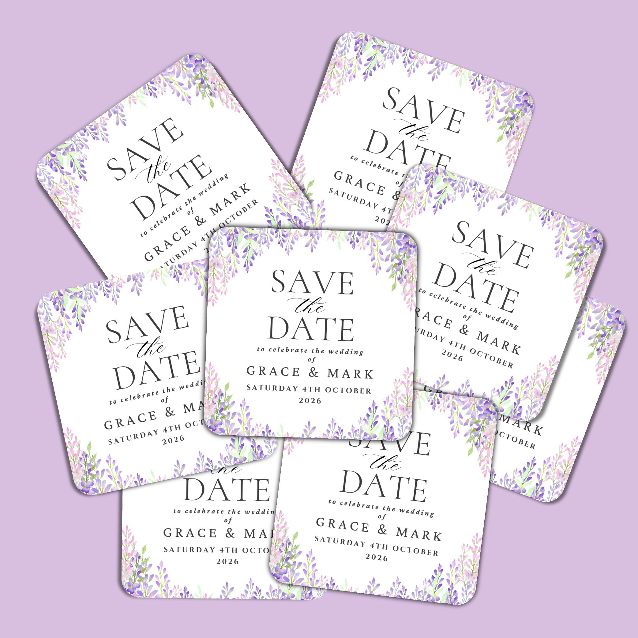 Personalised wedding coasters featuring lilac and pink flowers for Save The Date announcement.