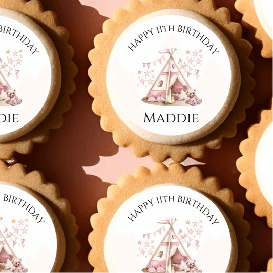 Starlight sleepover edible cake toppers on cookies for a child's birthday celebration.