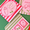 Load image into Gallery viewer, Feeling Dirty martini drink coasters featuring designs with cocktail shaker and olives on vibrant backgrounds.
