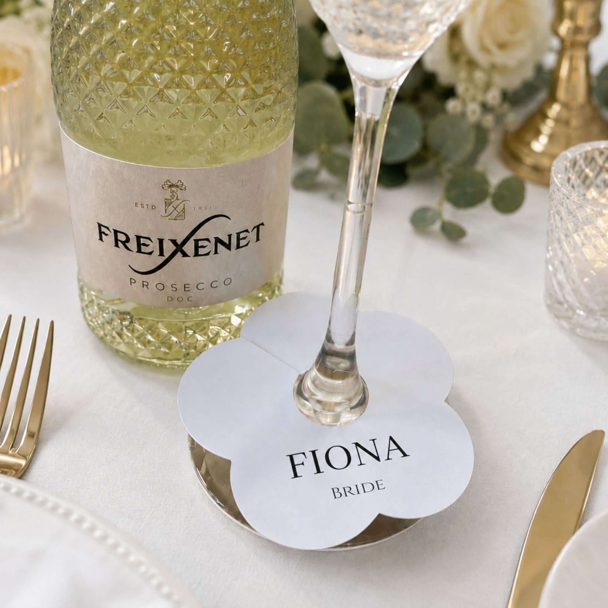 Wedding Attendees white personalised name drink marker for bride Fiona at a wedding celebration.