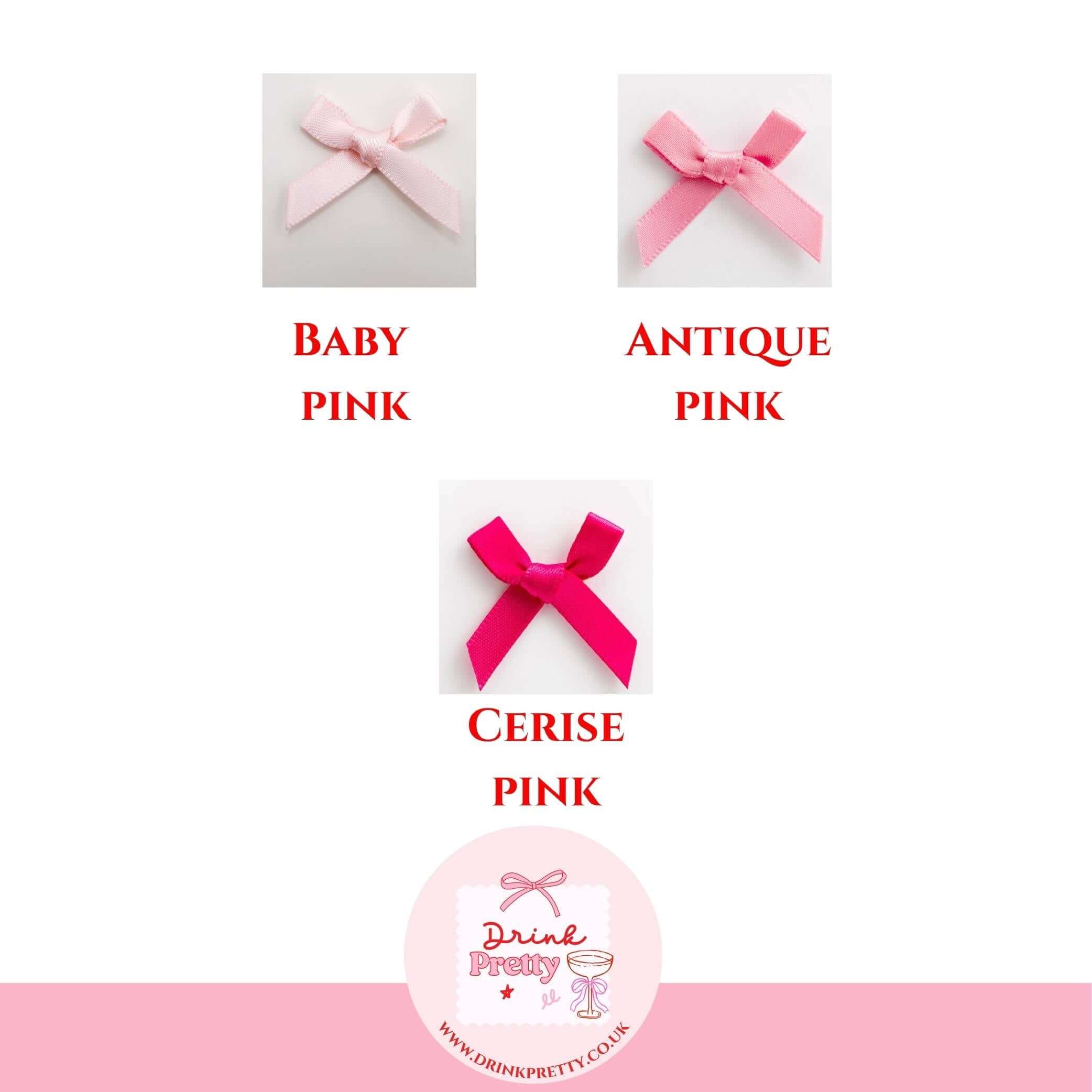 Personalised wine charms in three pink ribbon options: baby pink, antique pink, and cerise pink.