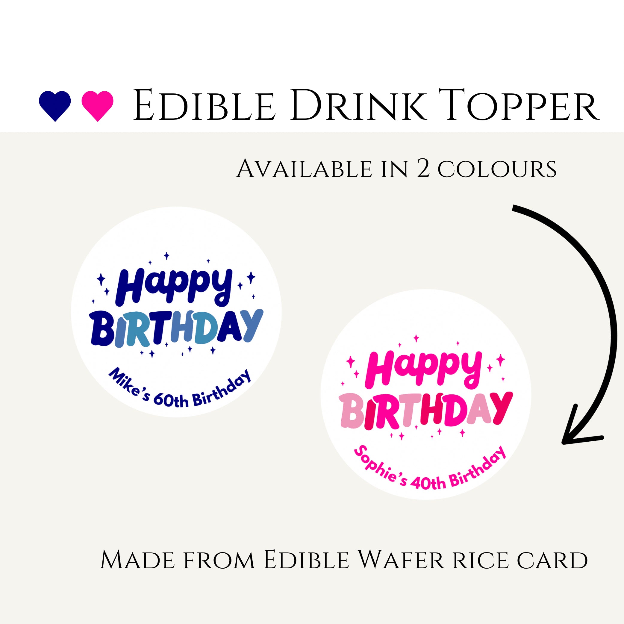 Edible drink toppers blue and pink
