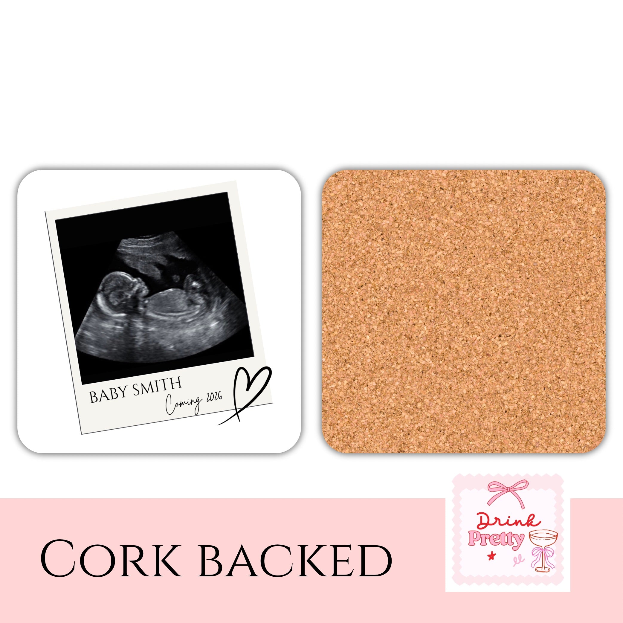 Baby scan coasters featuring ultrasound photo of Baby Smith with cork backing, a unique gift for loved ones.
