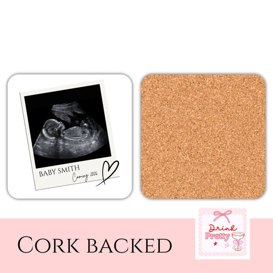 Baby scan coasters featuring ultrasound photo of Baby Smith with cork backing, a unique gift for loved ones.