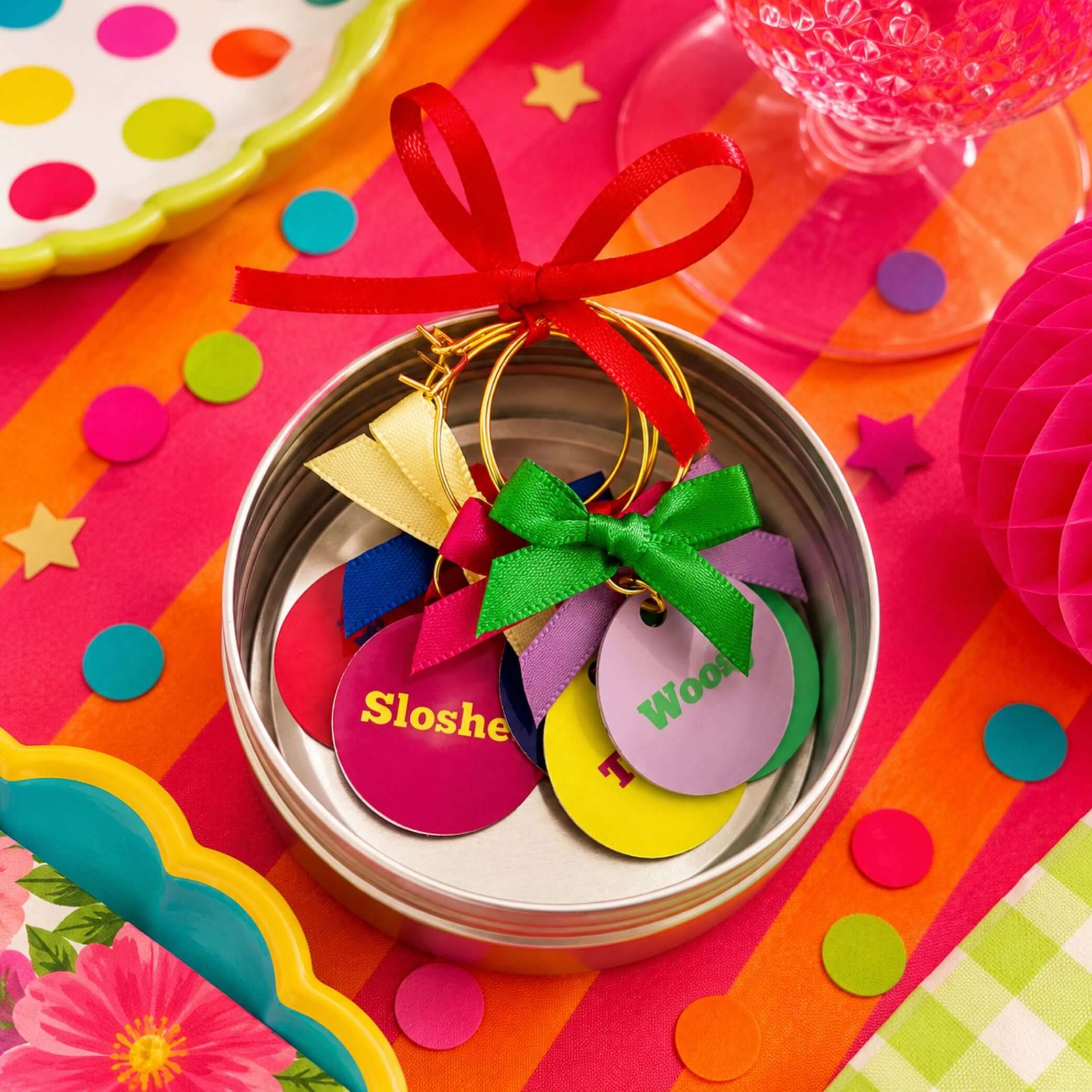 Tipsy Quotes Wine Glass Charm Set Of 6 with colorful charms in a tin, designed for easy wine glass identification.